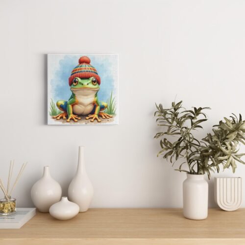 Laid-Back Frog In Striped Beanie On Canvas