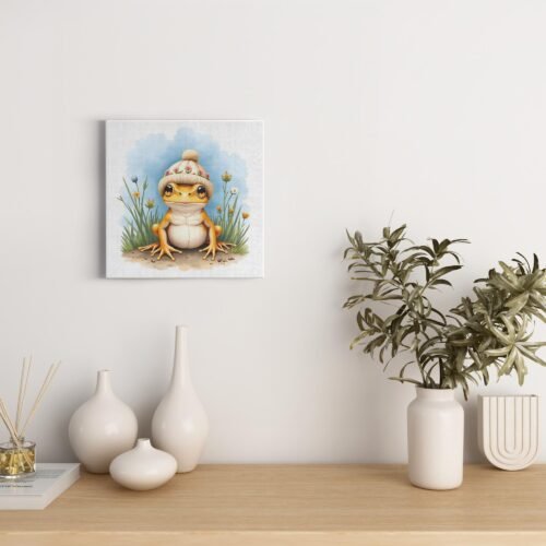 Peaceful Girly Frog In Flower Beanie On Canvas