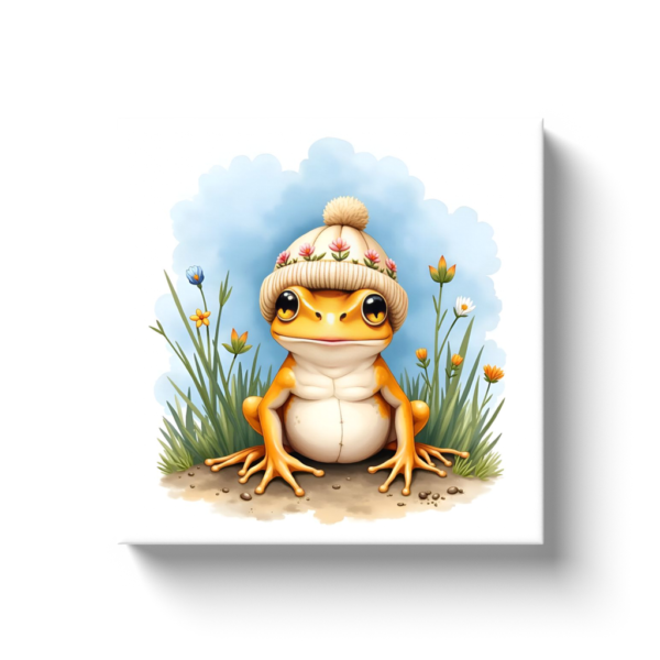 Peaceful Girly Frog In Flower Beanie On Canvas
